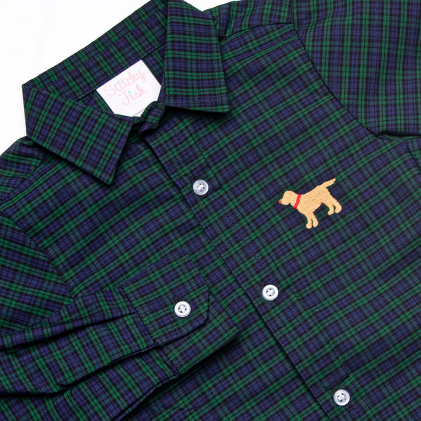 Puppy Plaid Embroidered Button-Up Shirt, Blue