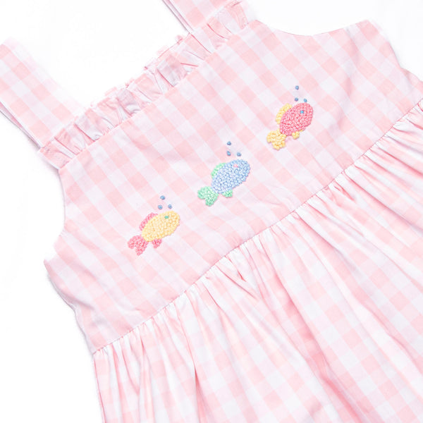 French Knot Fishes Embroidered Dress, Pink