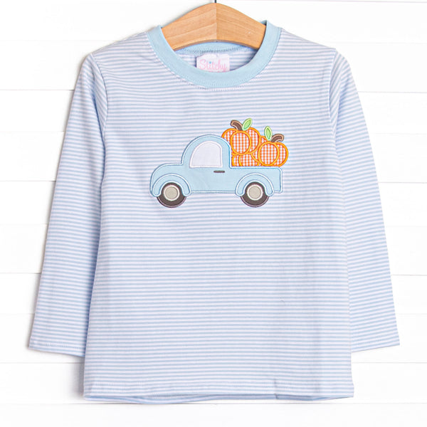 This top features a blue striped print, long sleeves, and a pickup truck pumpkin applique.