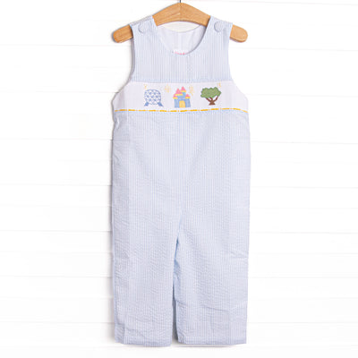 Amusement Park Adventures Smocked Long Jon Jon, Blue Seersucker