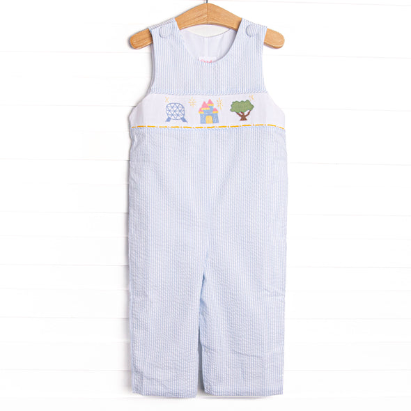 Amusement Park Adventures Smocked Long Jon Jon, Blue Seersucker