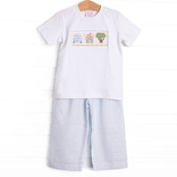 Amusement Park Adventures Smocked Pant Set, Blue Seersucker