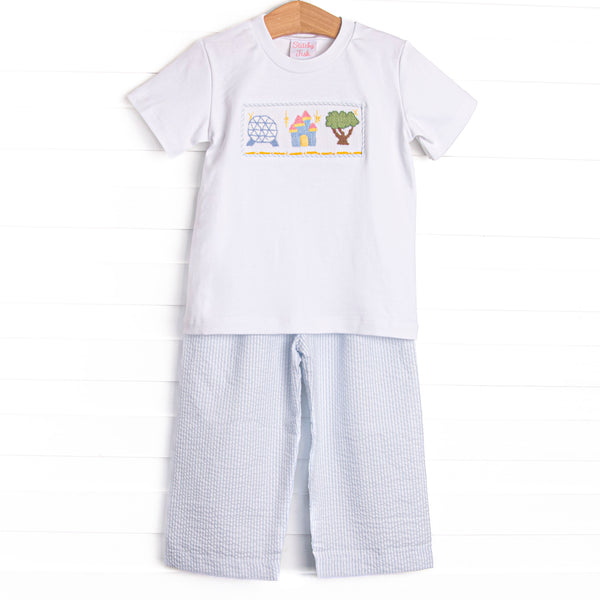 Amusement Park Adventures Smocked Pant Set, Blue Seersucker
