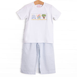 Amusement Park Adventures Smocked Pant Set, Blue Seersucker