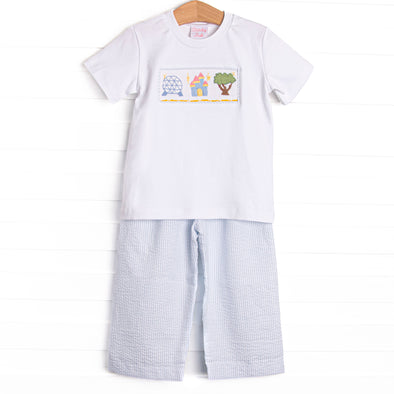 Amusement Park Adventures Smocked Pant Set, Blue Seersucker