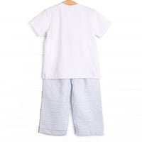 Amusement Park Adventures Smocked Pant Set, Blue Seersucker