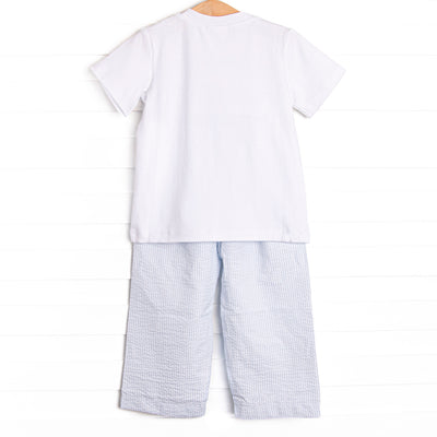 Amusement Park Adventures Smocked Pant Set, Blue Seersucker