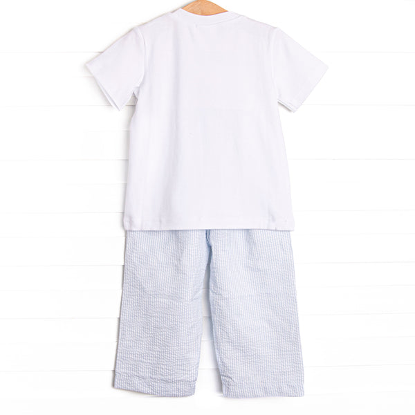 Amusement Park Adventures Smocked Pant Set, Blue Seersucker