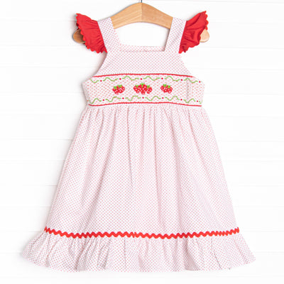 Bitty Dot Berries Smocked Dress, Red