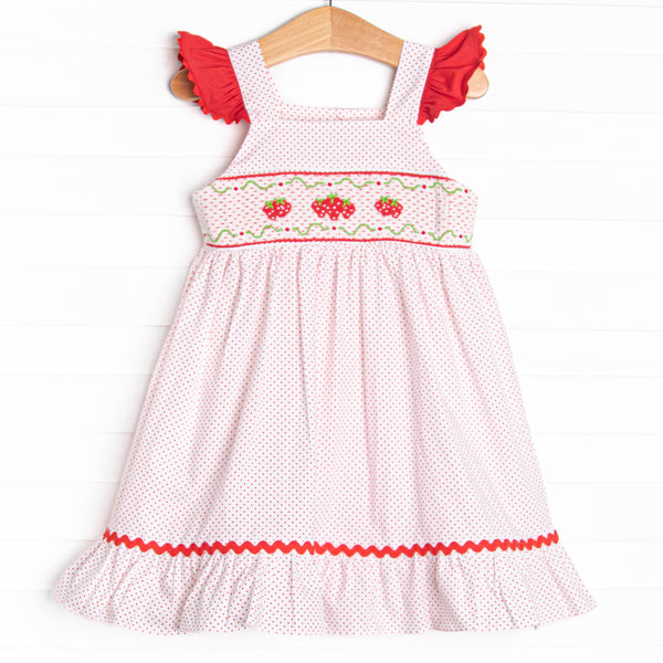 Bitty Dot Berries Smocked Dress, Red