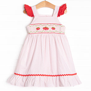 Bitty Dot Berries Smocked Dress, Red