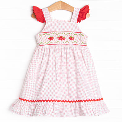 Bitty Dot Berries Smocked Dress, Red
