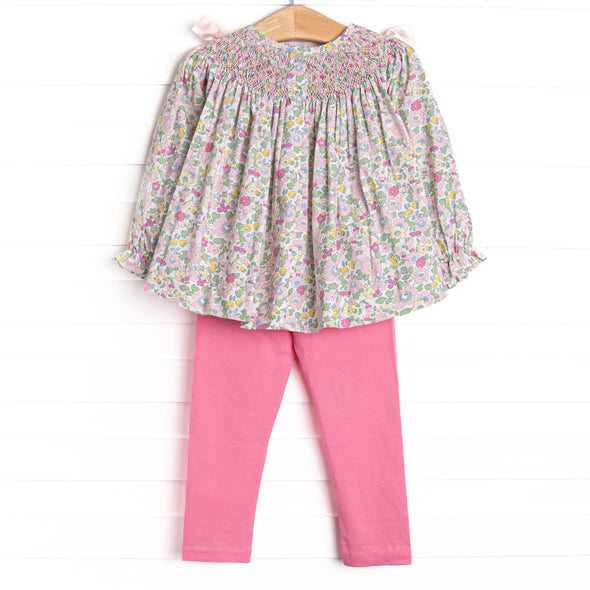 Bow Me Away Smocked Legging Set, Green and Pink Floral