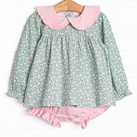 This set features a top in green floral print, light pink peter pan collar, and coordinating light pink diaper cover to match.