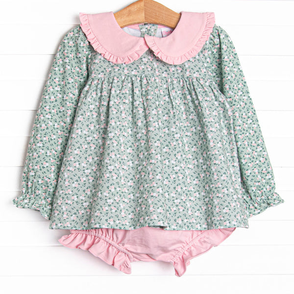 This set features a top in green floral print, light pink peter pan collar, and coordinating light pink diaper cover to match.