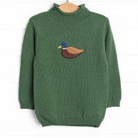 This sweater features a green material, a rolled neck, and a mallard icon.