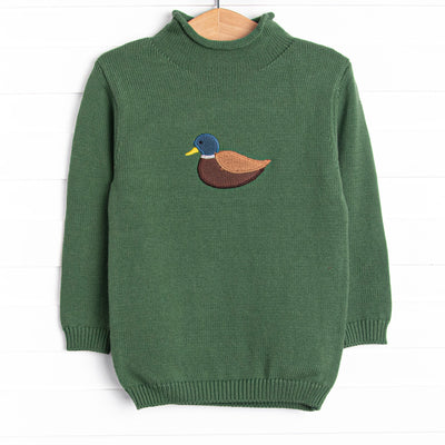 This sweater features a green material, a rolled neck, and a mallard icon.