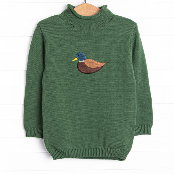 This sweater features a green material, a rolled neck, and a mallard icon.