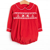  This bubble features a red corduroy material, peter pan collar, and reindeer smockings. 
