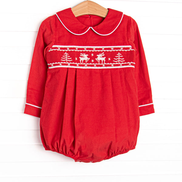  This bubble features a red corduroy material, peter pan collar, and reindeer smockings. 
