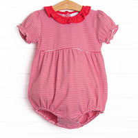 This cozy knit favorite is a staple for every little girl's closet. Featured here in red stripe. Puff sleeves and red ruffle collar add adorable details!