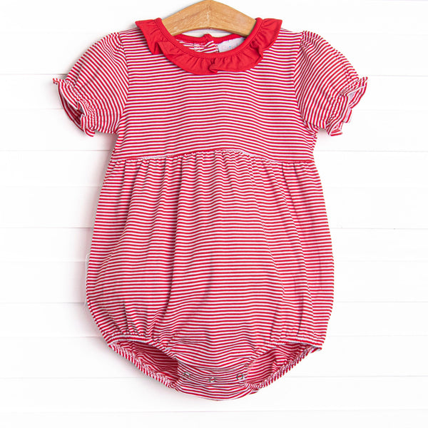 This cozy knit favorite is a staple for every little girl's closet. Featured here in red stripe. Puff sleeves and red ruffle collar add adorable details!