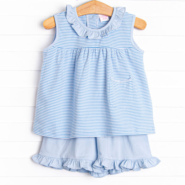 Jane Ruffle Short Set, Medium Blue Stripe