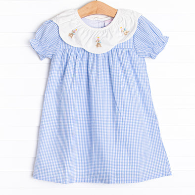 Party Hat Pup Embroidered Dress, Blue