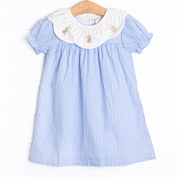 Party Hat Pup Embroidered Dress, Blue