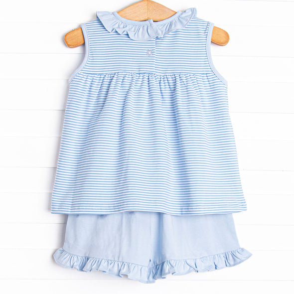Jane Ruffle Short Set, Medium Blue Stripe