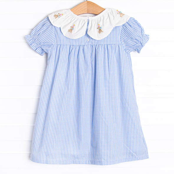 Party Hat Pup Embroidered Dress, Blue