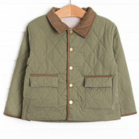  This coat features a green quilted material, brown collar and trim, and tan gingham lining. 