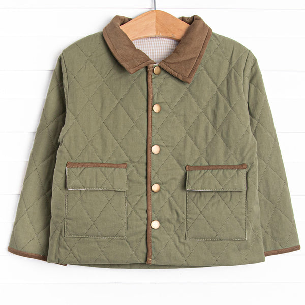  This coat features a green quilted material, brown collar and trim, and tan gingham lining. 