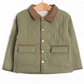 Corduroy Collar Quilted Coat, Green