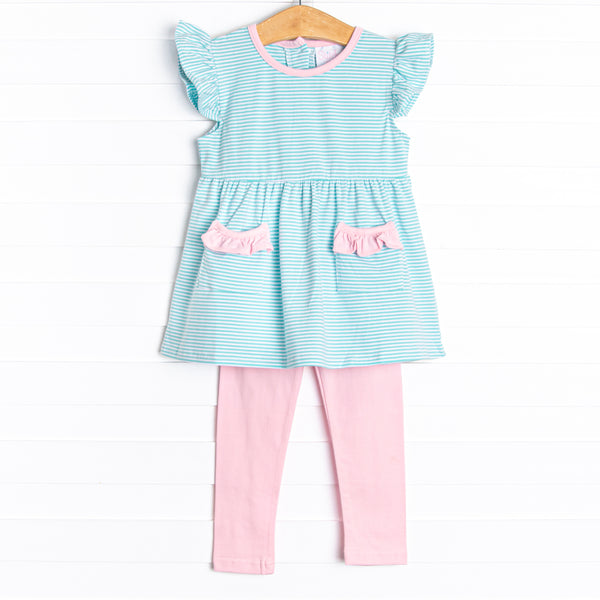 The&nbsp;set features mint green stripes, pink ruffle trim, and pink knit leggings.