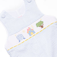 Amusement Park Adventures Smocked Long Jon Jon, Blue Seersucker