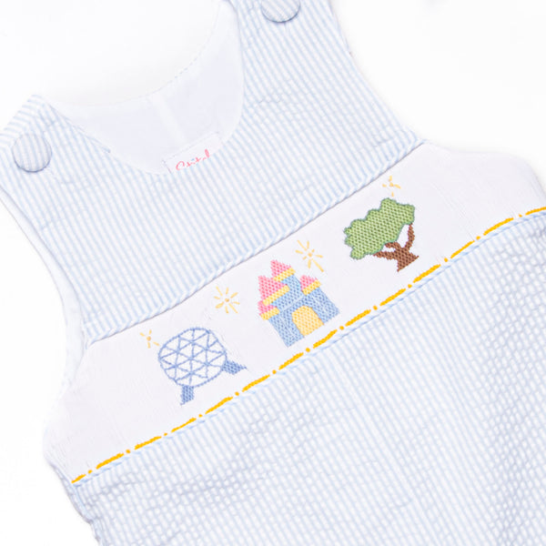 Amusement Park Adventures Smocked Long Jon Jon, Blue Seersucker