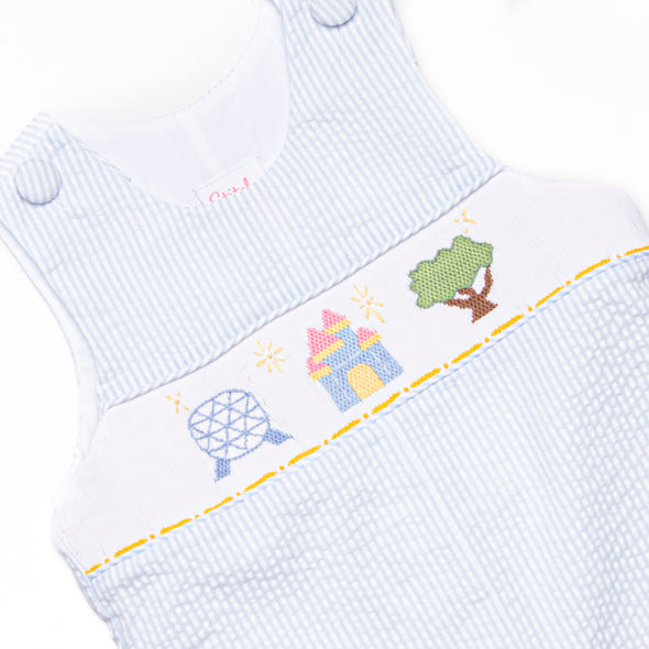 Amusement Park Adventures Smocked Long Jon Jon, Blue Seersucker