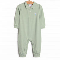 This romper features a green striped print, a polo collar, and a golf embroidery.