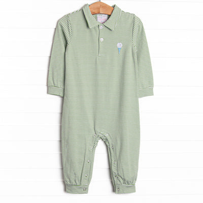 This romper features a green striped print, a polo collar, and a golf embroidery.