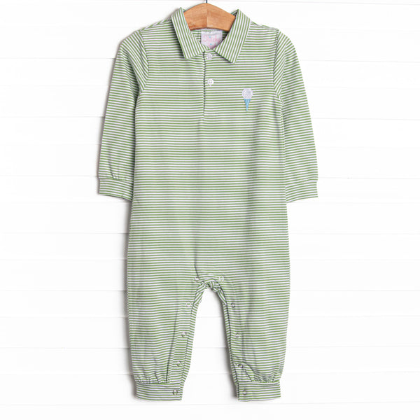 This romper features a green striped print, a polo collar, and a golf embroidery.
