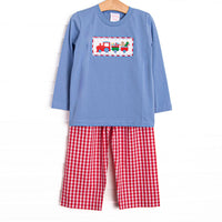 This set features a blue long sleeve top with a festive train smocking and red check pants to match.