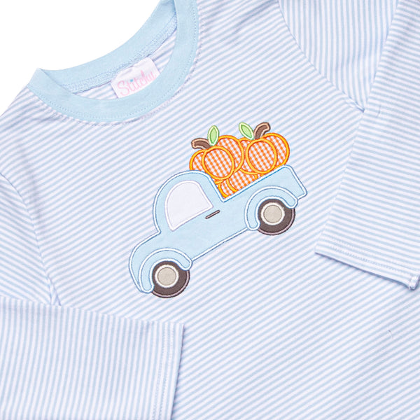 Pumpkin Pickup Applique Top, Blue Stripe