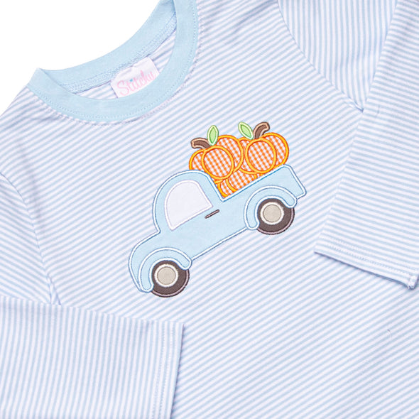 Pumpkin Pickup Applique Top, Blue Stripe