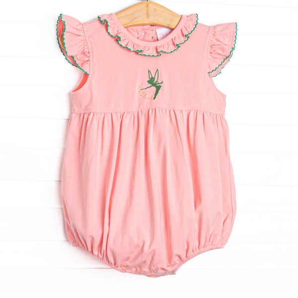  This bubble features pink fabric, a ruffle collar, and a Tinker Bell embroidery. 