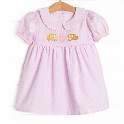 School Time Seersucker Embroidered Dress, Pink