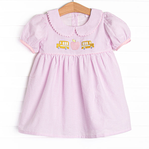 School Time Seersucker Embroidered Dress, Pink
