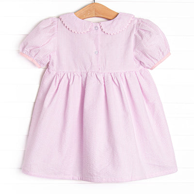 School Time Seersucker Embroidered Dress, Pink