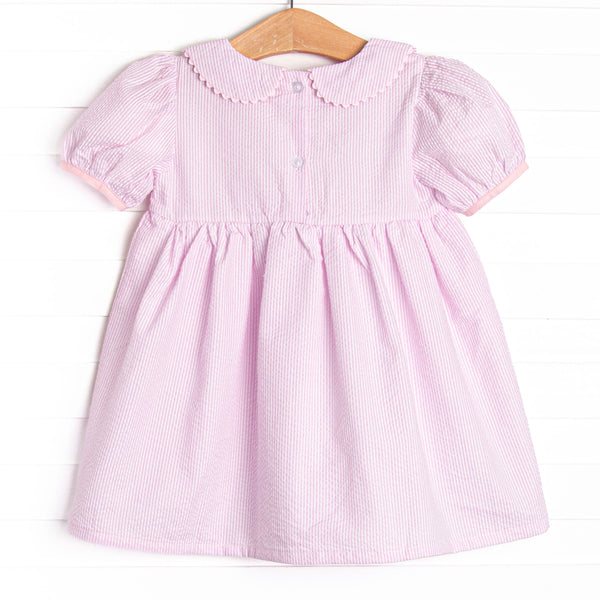 School Time Seersucker Embroidered Dress, Pink