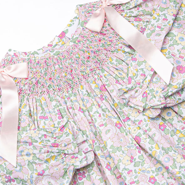 Bow Me Away Smocked Bubble, Green and Pink Floral